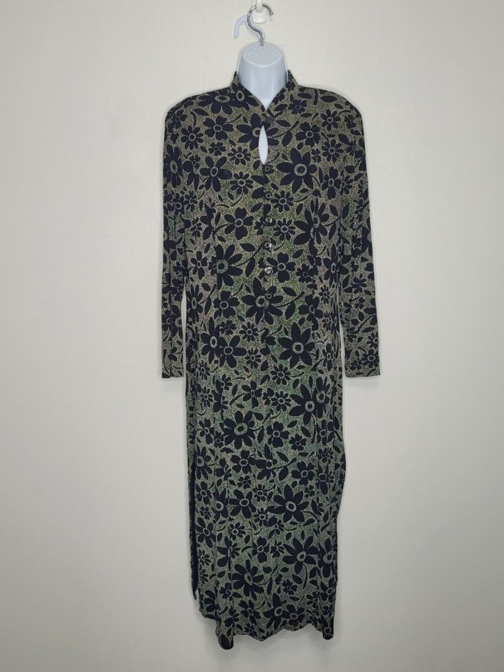 Vintage Joseph Ribbkoff black tan funky flower print half button front duster